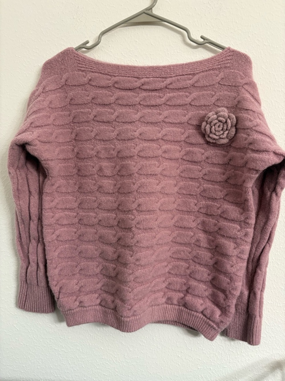 Off-the-Shoulder Cable Knit Sweater with Floral Applique - Dusty Mauve